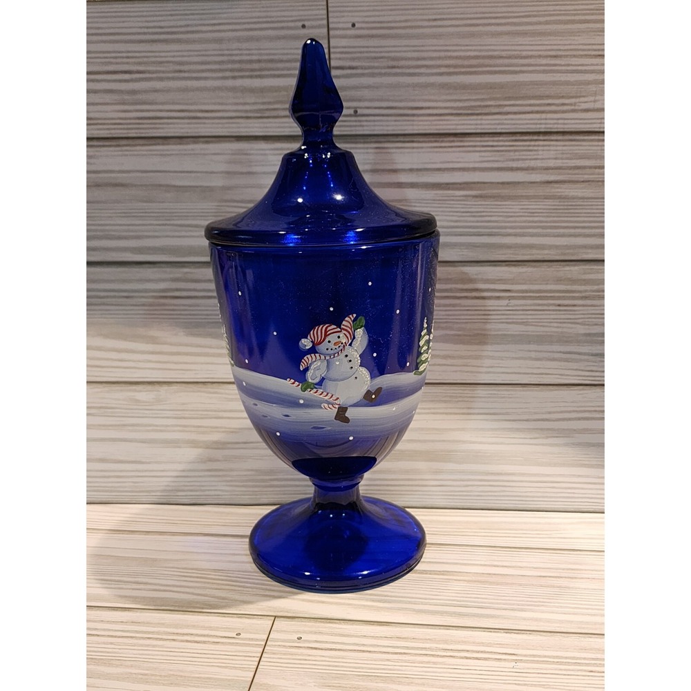 Fenton Candy Dish Cobalt Blue Jolly Snowman Series 7380KE #148 W/ Lid‎ & Sticker